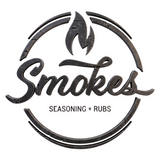 Smokes Seasoning + Rubs barbecue brand logo, distressed flame stamp roundel, white on transparent background