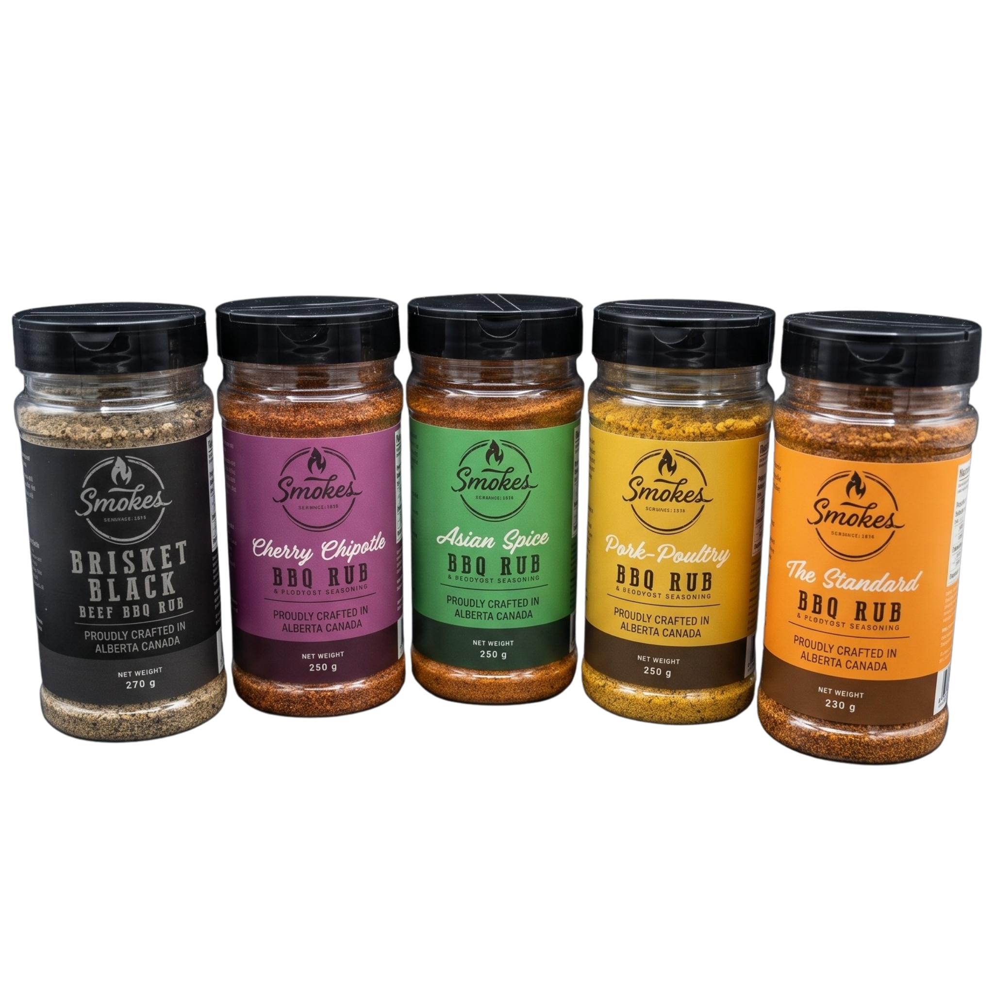 Smokes Seasoning Full Range Bundle — all five BBQ rubs: Brisket Black, Cherry Chipotle, Asian Spice, Pork-Poultry and The Standard