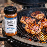 Smoky Pastures Sweet Dreams rub — caramelised grilled chicken thighs on a kamado