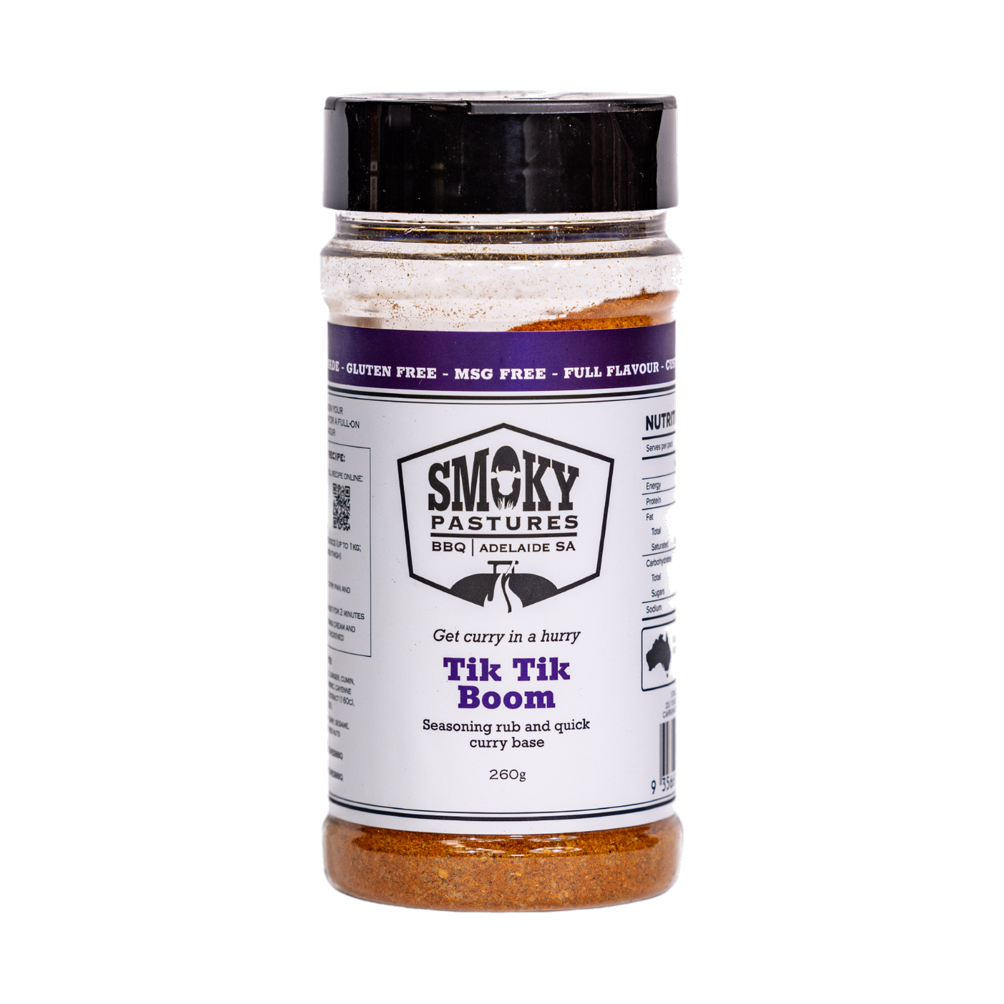 Smoky Pastures Tik Tik Boom tandoori rub 250g, front of pack on transparent background