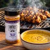 Smoky Pastures Tik Tik Boom rub — tandoori chicken skewers over charcoal