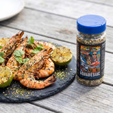 Stef the Maori Aquadesiac surf turf and veggies seasoning — chargrilled prawns and lime on a slate plate