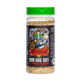 Stef the Maori Rub One Out 240g all purpose seasoning, front of shaker on transparent background