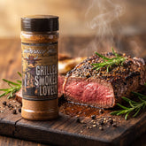 Heavenly Hell The Grilled The Smoked and The Lovely steak & brisket rub 150g — shaker beside a sliced medium-rare steak with a peppery crust
