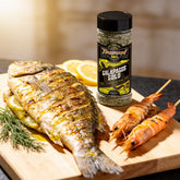 TAIPAN BBQ Galapagos Gold fish and seafood rub 125g — beauty shot, whole grilled fish with herb-lemon glaze and prawn skewers