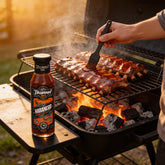 TAIPAN BBQ Habanero medium smoky-sweet BBQ sauce 250ml — in-use shot, brushing sauce onto ribs on the grill