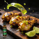 TAIPAN BBQ Loco Lime Sunday Glaze tangy lime BBQ glaze 250ml — action shot, glaze splash freeze-frame over chicken