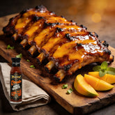TAIPAN BBQ Mango Madness Sunday Glaze sweet mango BBQ glaze 250ml — beauty shot, glazed pork ribs with mango