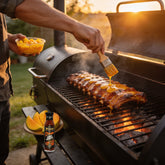 TAIPAN BBQ Mango Madness Sunday Glaze sweet mango BBQ glaze 250ml — in-use shot, brushing glaze onto ribs on the smoker