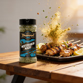 TAIPAN BBQ Mediterranean Magic chicken & fish rub 150g — action shot, herby rub explosion freeze-frame over grilled chicken