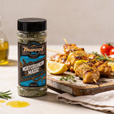 TAIPAN BBQ Mediterranean Magic chicken & fish rub 150g — beauty shot, glistening grilled chicken skewers with herbs and lemon