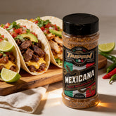 TAIPAN BBQ Mexicana taco seasoning 175g — beauty shot, loaded beef and chicken tacos with fresh toppings
