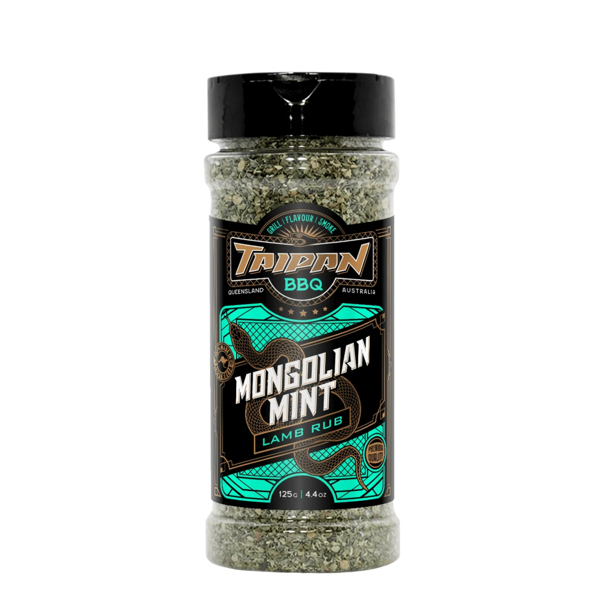 TAIPAN BBQ Mongolian Mint lamb BBQ rub 125g — front on transparent background