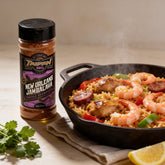 TAIPAN BBQ New Orleans Jambalaya Creole seasoning 125g — beauty shot, steaming jambalaya with chicken, sausage and prawns