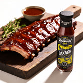 TAIPAN BBQ Oaxaca mild smoky-sweet BBQ sauce 250ml — beauty shot, glazed sticky ribs glistening with sauce