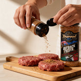 TAIPAN BBQ Outback Fiesta Oz-Mex seasoning 125g — use shot, sprinkling seasoning onto raw beef mince patties