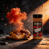 TAIPAN BBQ Portuguese Peri Peri chicken rub 125g — action shot, spice cloud freeze-frame over grilled chicken