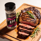 TAIPAN BBQ SPG steak & fish seasoning 300g — beauty shot, seared steak with glistening crust