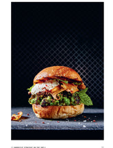 The Green Barbecue Cookbook by Martin Nordin hardback cookbook — pea burger with king oyster crisps recipe page