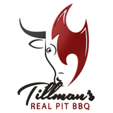 Tillman's Barbecue brand logo, bull's head with a red flame mane, Real Pit BBQ, on transparent background