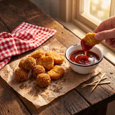 Tillman's Barbecue Grandma's Red BBQ sauce — crumbed chicken nuggets dipped in sweet tangy sauce