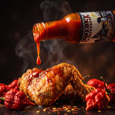 Casualties Carolina Reaper hot sauce dripped over a hot chicken wing