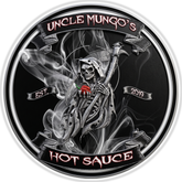 Uncle Mungo's barbecue brand logo, grim reaper on a circular Hot Sauce badge marked Est 2019, silver and black on transparent background