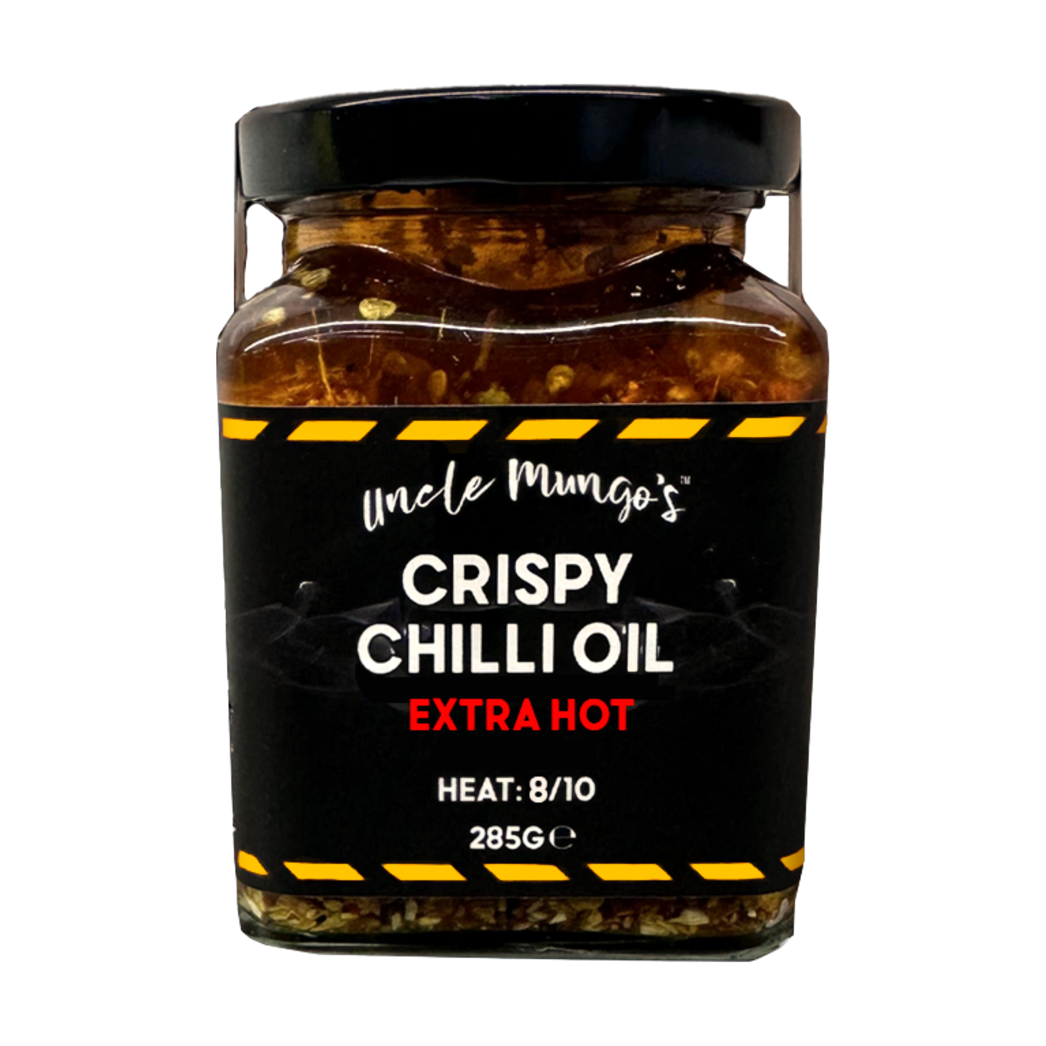 Uncle Mungo's Crispy Chilli Oil Extra Hot 285g extra hot crispy chilli oil — front of jar on transparent background