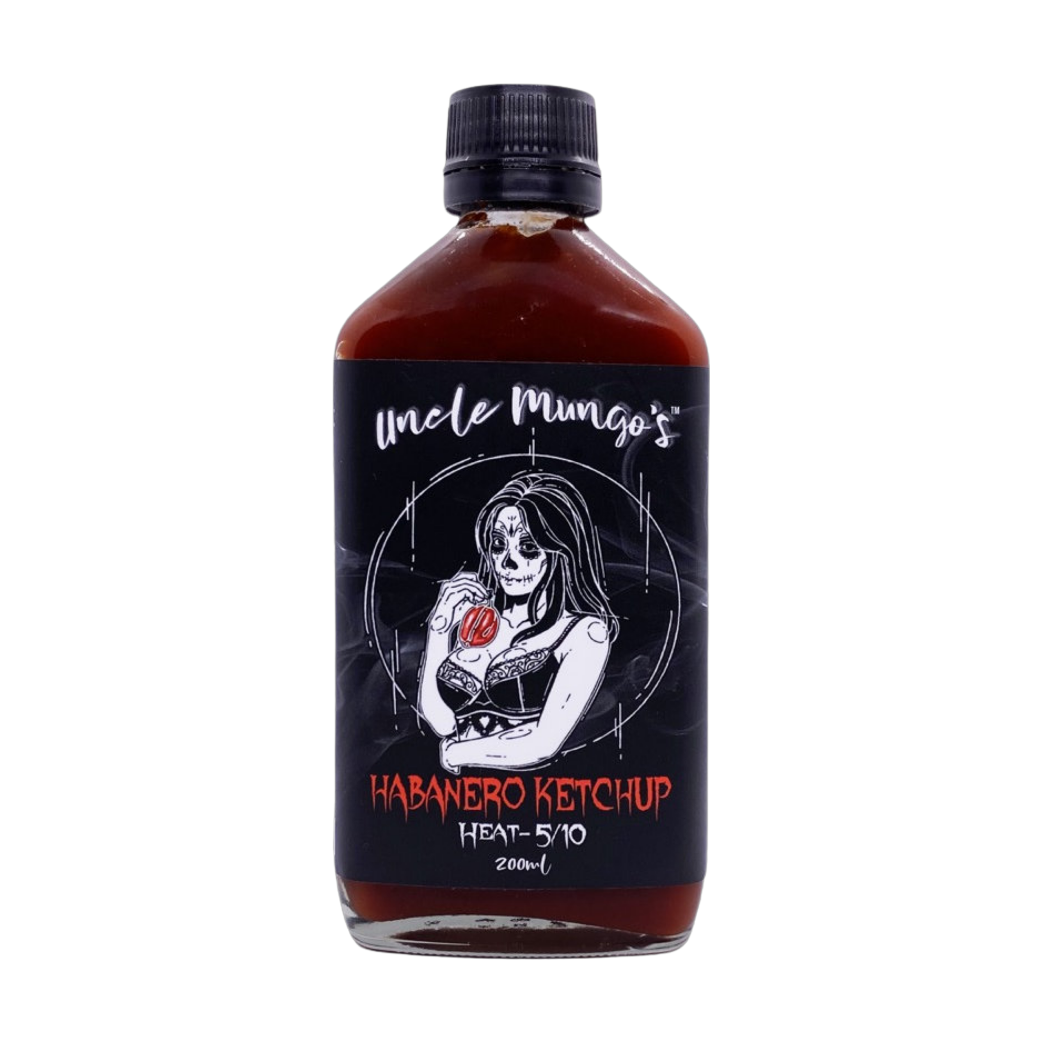 Uncle Mungo's Habanero Ketchup 200ml hot ketchup — front of bottle on transparent background