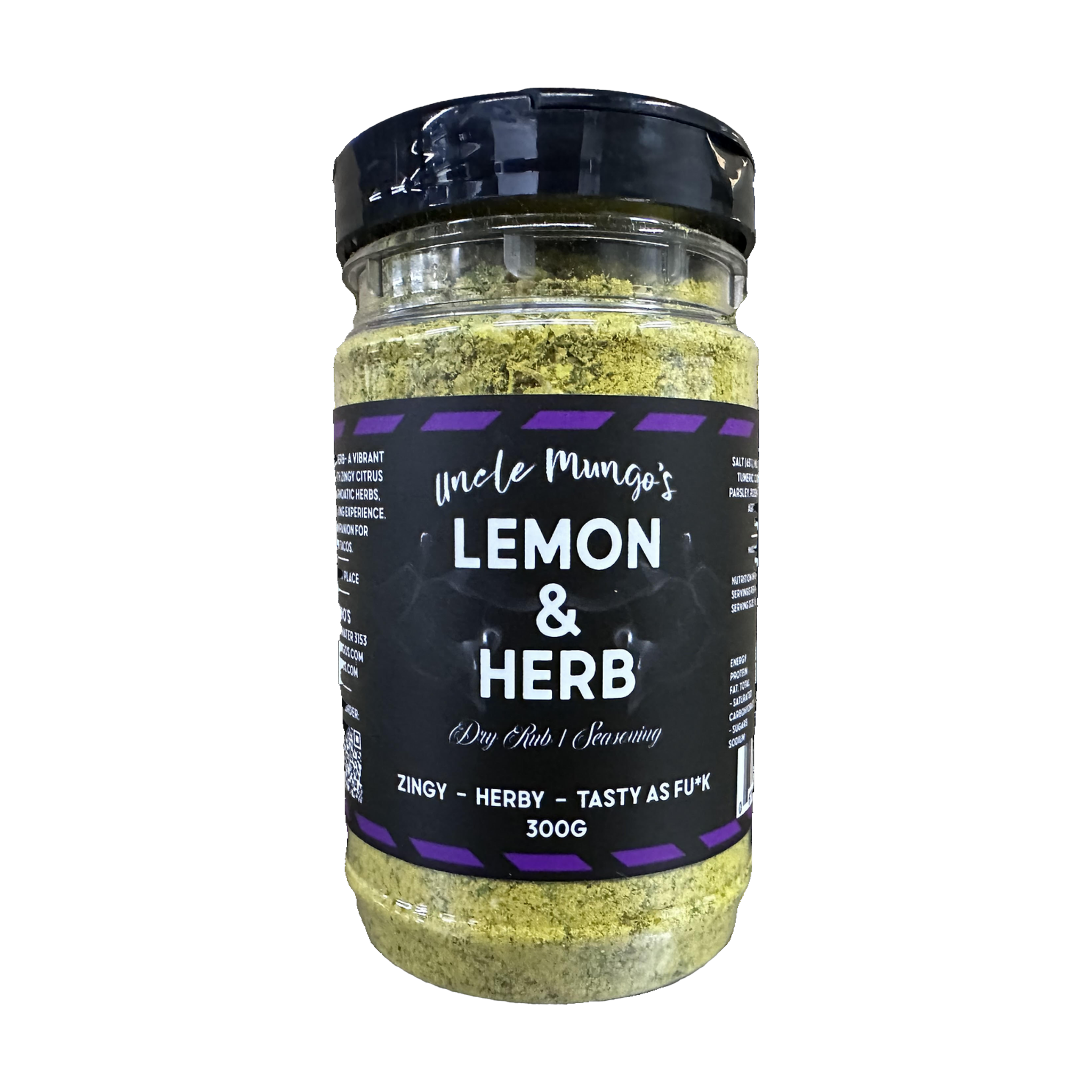 Uncle Mungo's Lemon & Herb 300g lemon and herb seasoning — front of shaker on transparent background