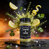 Uncle Mungo's Lemon & Herb 300g lemon and herb seasoning — exploded high-speed shot with lemon, thyme, rosemary and parsley