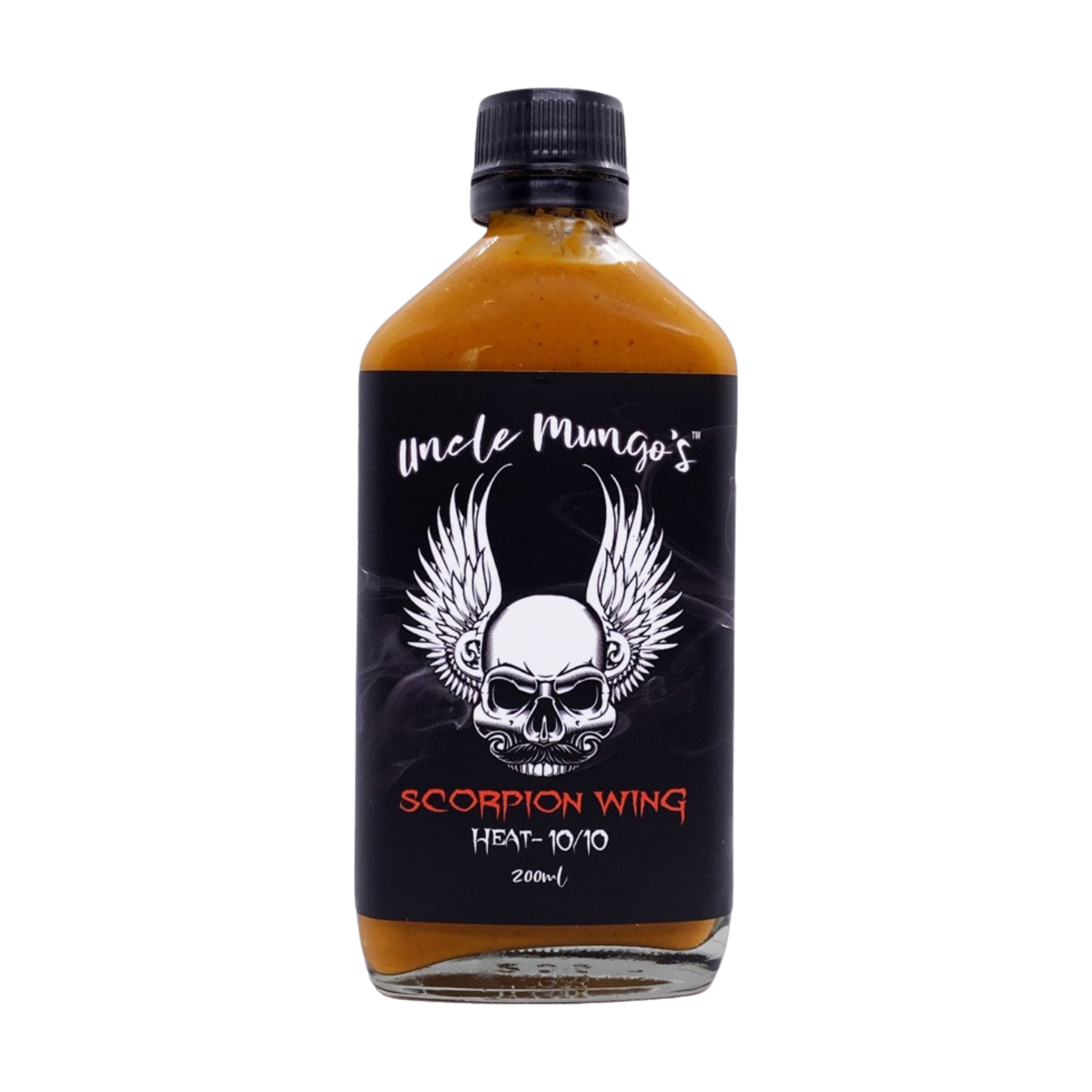 Uncle Mungo's Scorpion Wing 200ml scorpion pepper wing sauce — front of bottle on transparent background