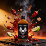 Uncle Mungo's Scorpion Wing 200ml scorpion pepper wing sauce — exploded high-speed shot with Moruga chillies, brown sugar and lime