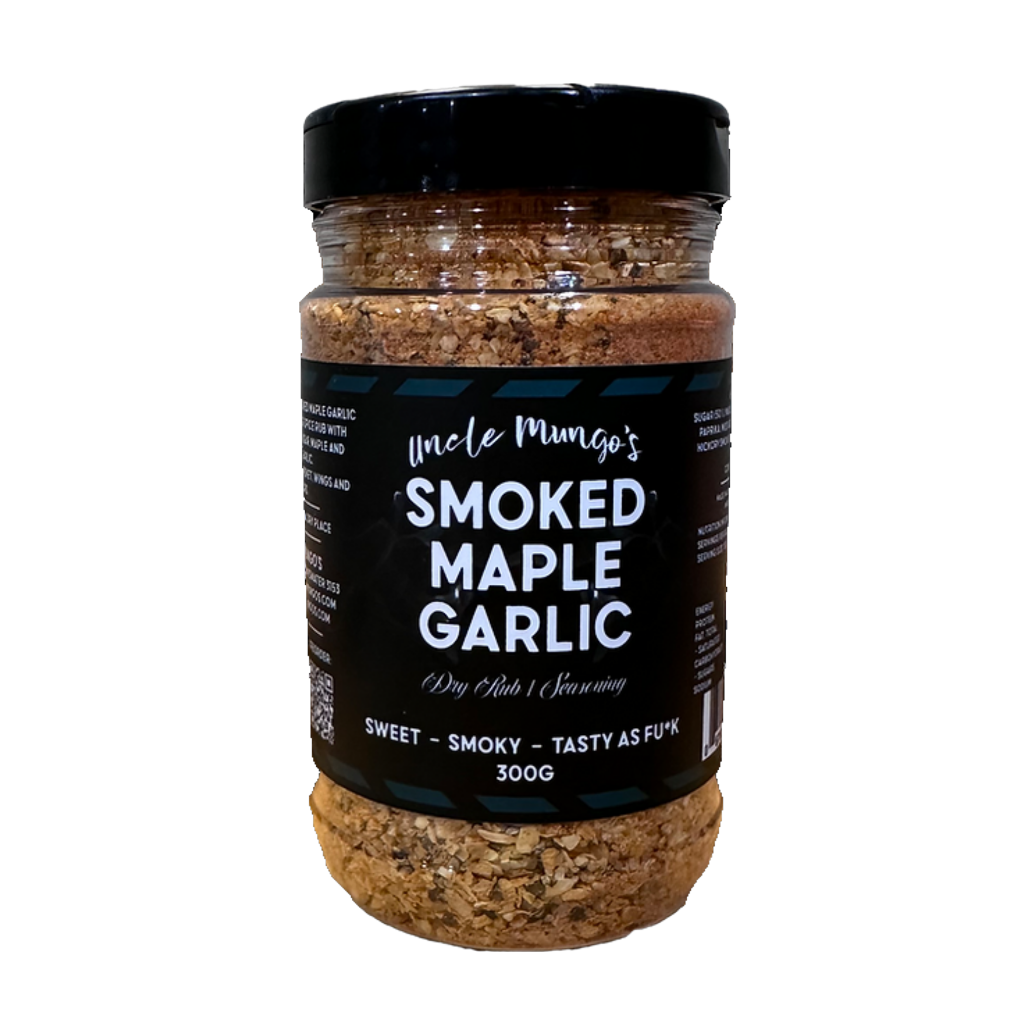 Uncle Mungo's Smoked Maple Garlic 300g smoked maple garlic dry rub — front of shaker on transparent background