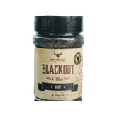 Rum and Que Blackout beef rub 220g, front of shaker on transparent background