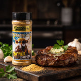 Butter Bump cowboy butter seasoning styled with a buttered steak