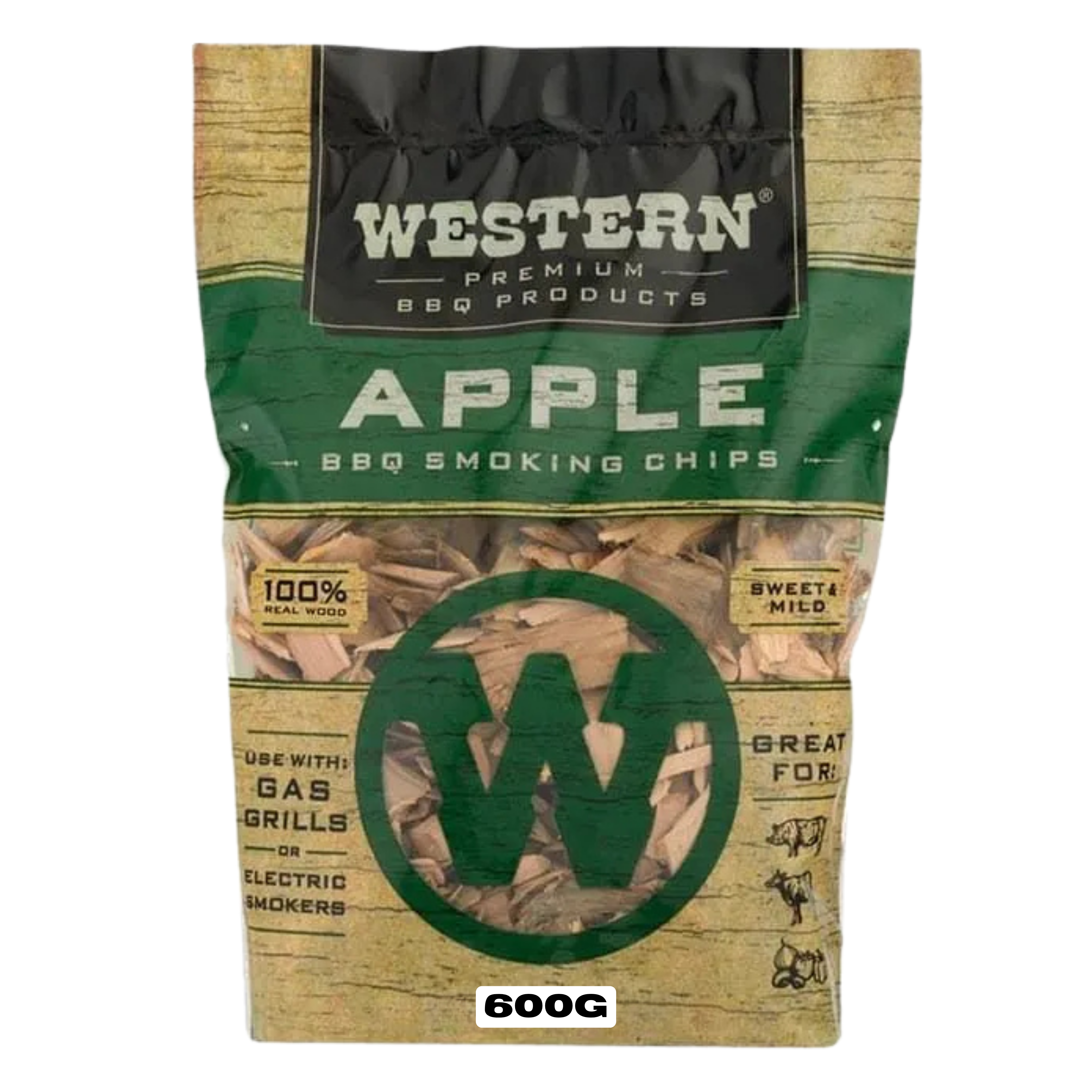 Western BBQ Products Apple Smoking Wood Chips 600g bag — front of bag on transparent background