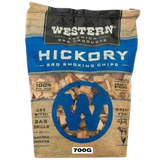 Western BBQ Products Hickory Smoking Wood Chips 700g bag — front of bag on transparent background