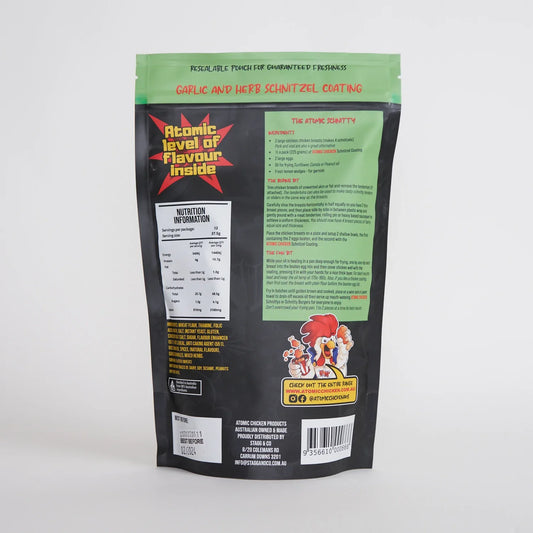 ATOMIC CHICKEN: Chicken Schnitzel Herb & Garlic Coating – 450g