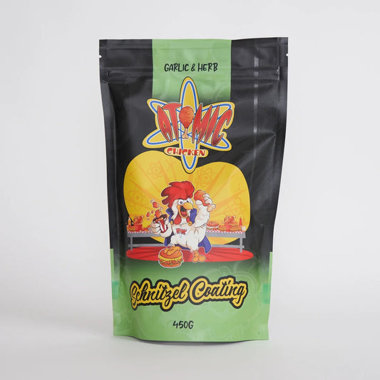 ATOMIC CHICKEN: Chicken Schnitzel Herb & Garlic Coating – 450g