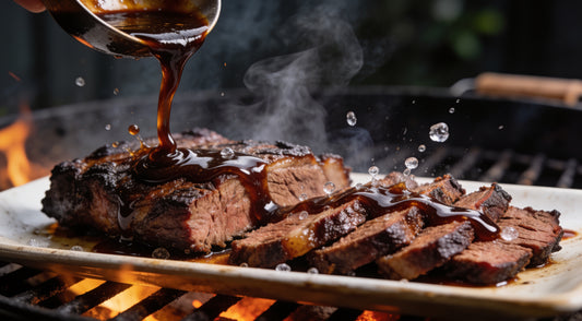 Dark coffee and molasses BBQ sauce being poured over sliced smoked beef brisket