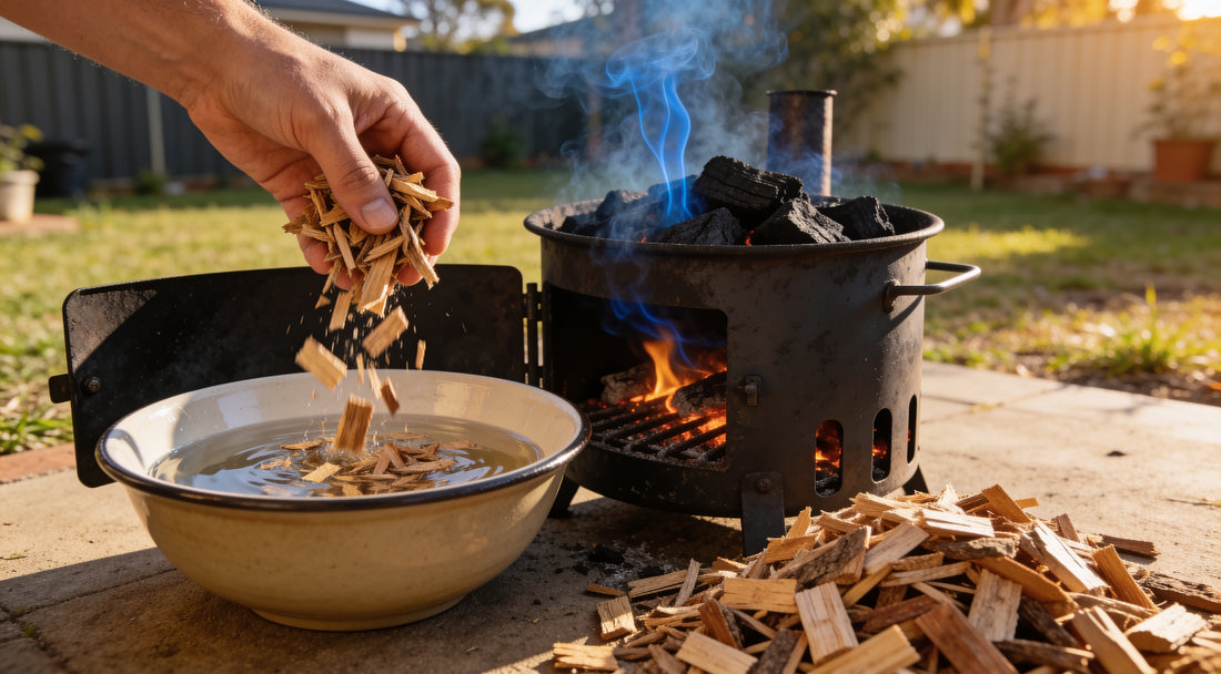 Dry wood chips being poured near a lit charcoal smoker with thin blue smoke rising