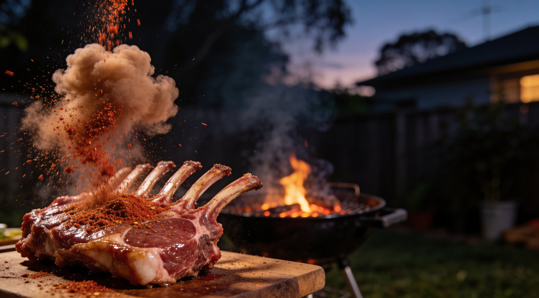 Four Monkeys BBQ Lamb Rub cascading onto a raw lamb rack in a dramatic cloud of spice