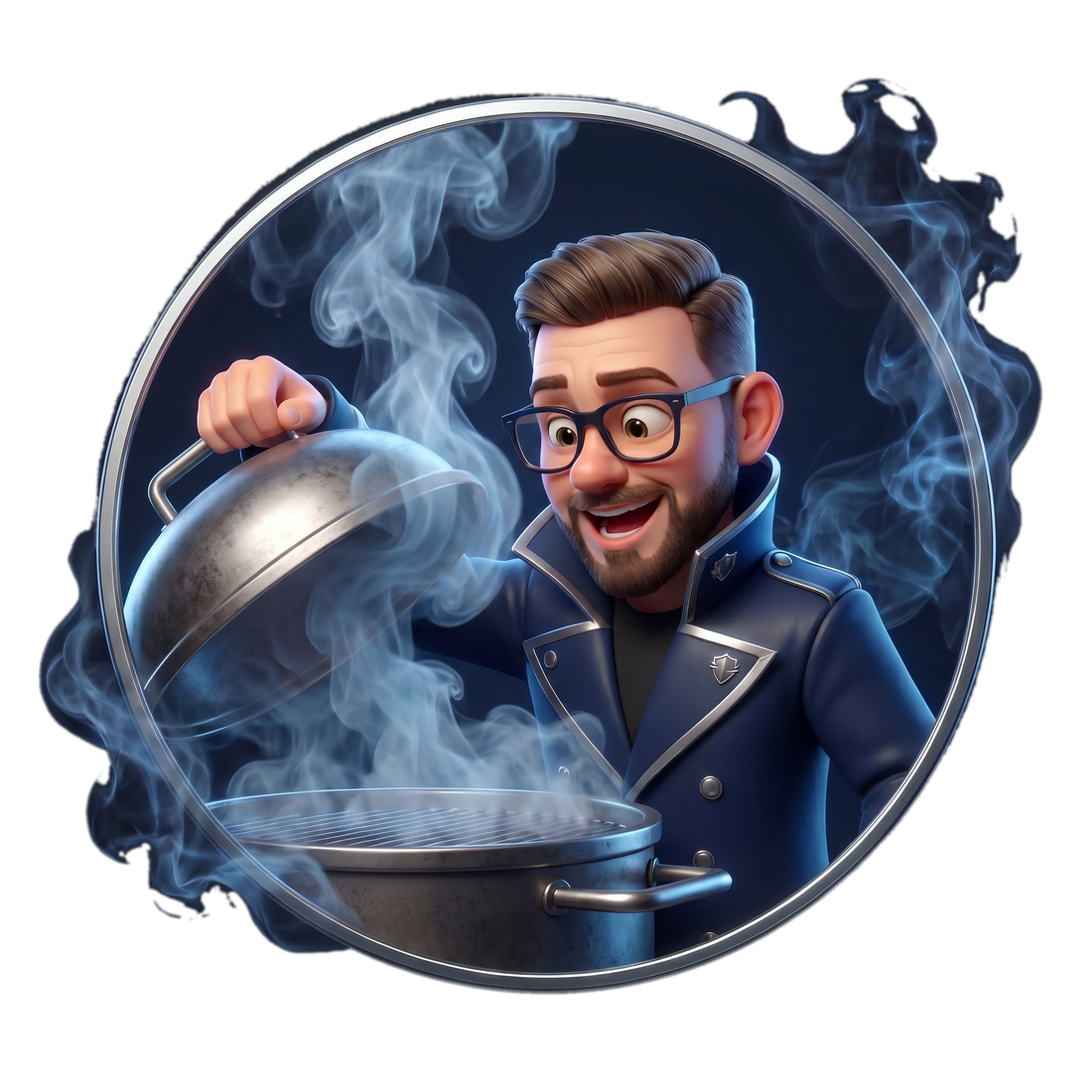 The Rub Smuggler medallion, a smoker lid lifting to reveal the cook underneath
