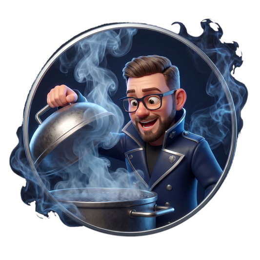 The Rub Smuggler medallion, a smoker lid lifting to reveal the cook underneath