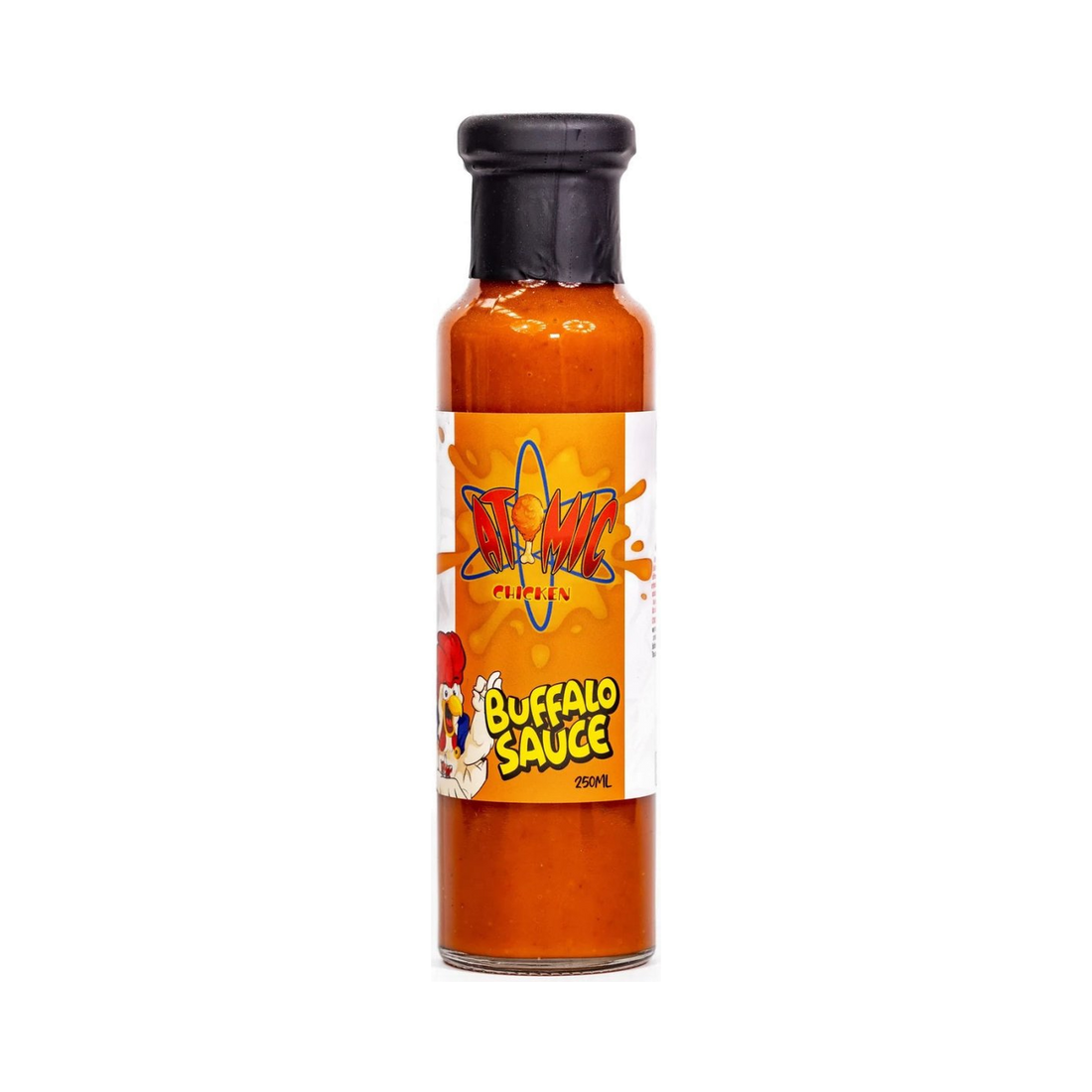 Atomic Chicken Buffalo Hot Sauce 250ml, front of bottle on transparent background