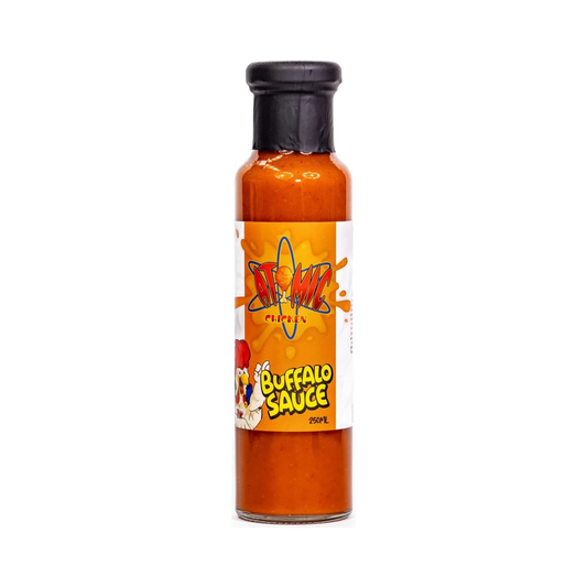 Atomic Chicken Buffalo Hot Sauce 250ml, front of bottle on transparent background