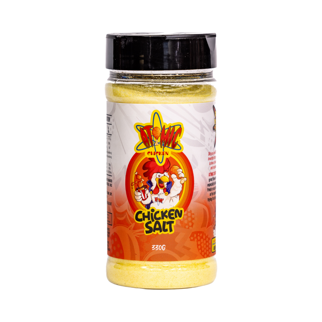 Atomic Chicken Chicken Salt Seasoning 330g, front of shaker on transparent background