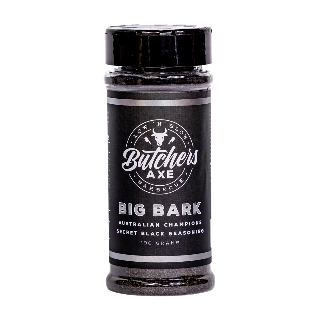 Butchers Axe Big Bark charcoal beef rub 190g shaker, front label, product only on transparent background