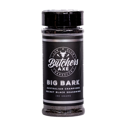 Butchers Axe Big Bark charcoal beef rub 190g shaker, front label, product only on transparent background